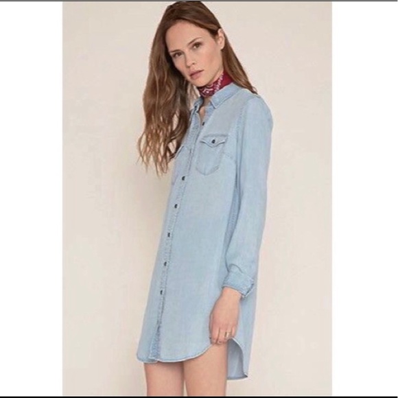 Forever 21 Button Front Chambray Light Wash Mini Shirt Dress Tunic Women’s S - Picture 1 of 13